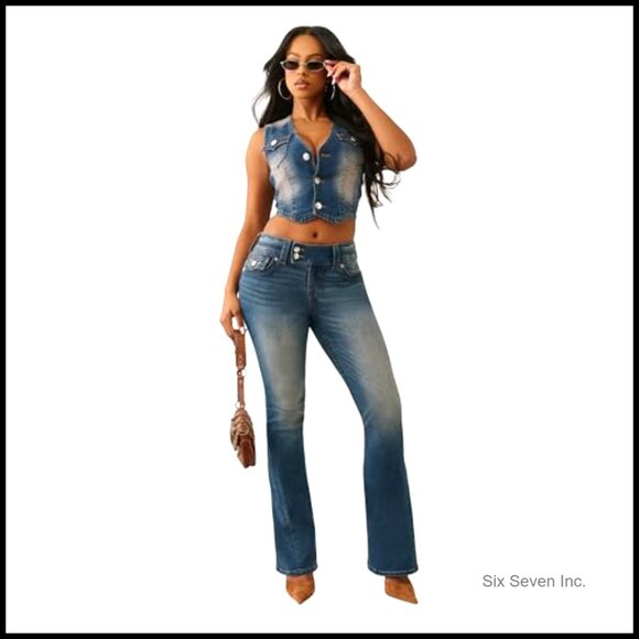 Vintage Flare Jeans with Flap Pockets and Iconic Stitching Y2K Retro Chic - Picture 2 of 6